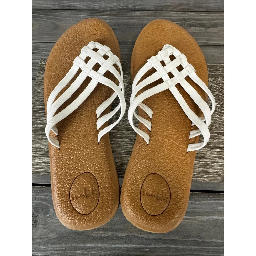 Sanuk Yoga Sling White Strappy Sandals Women Size‎ 6 1103940 Tan Footbed Beacy